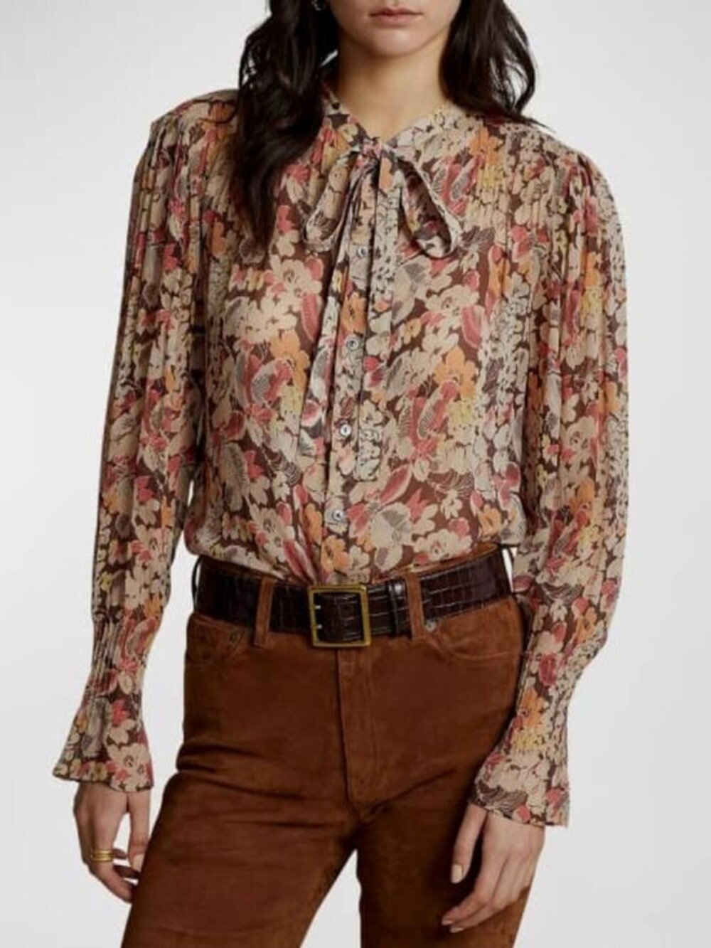 New Polo RL Fall Floral Georgette Tie Neck Blouse Beige 4, S $298